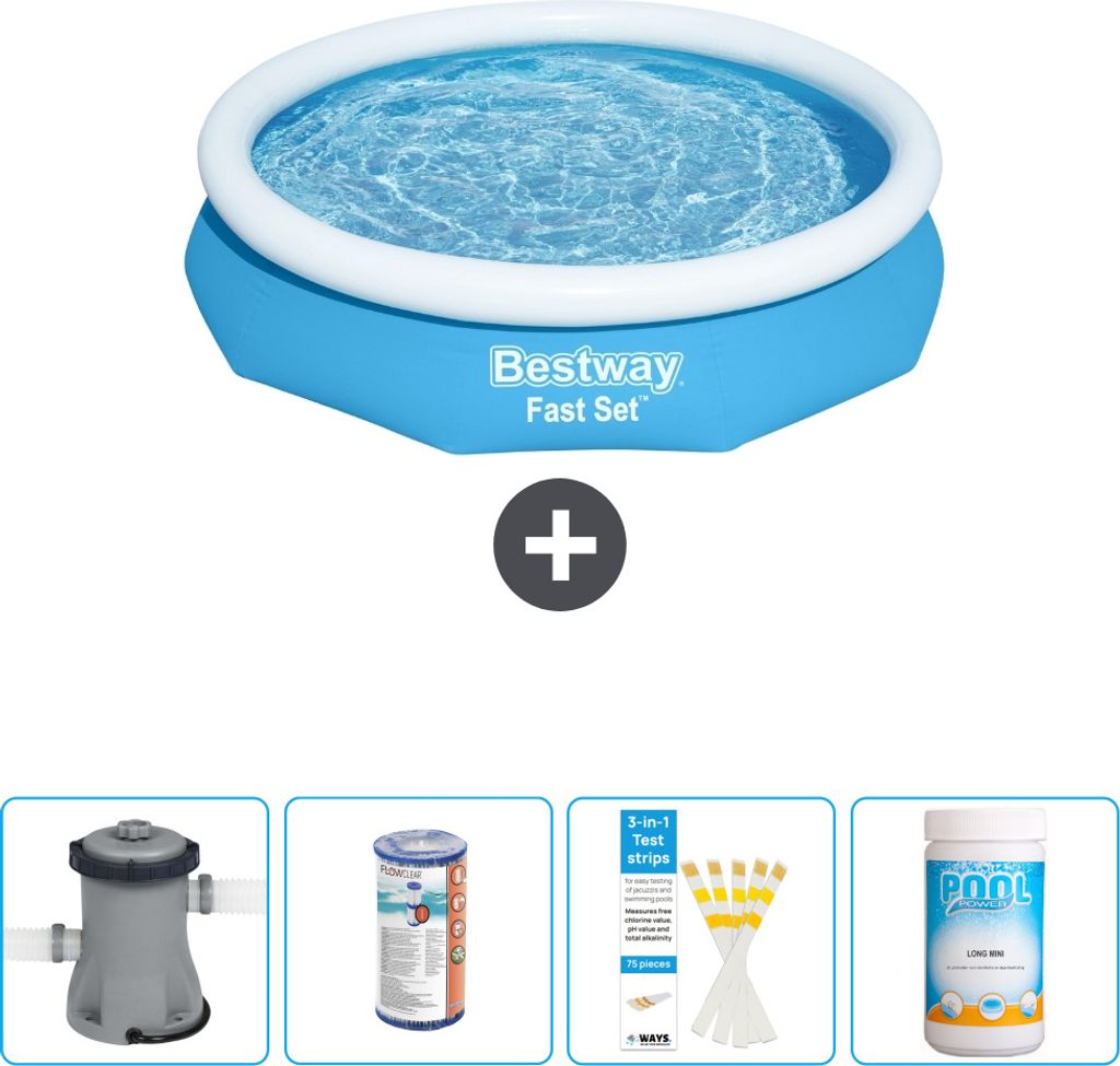 Bestway runder aufblasbarer Fast-Set-Schwimmpool – 305 x 66 cm – Blau – inklusive Pumpe Filter - Teststreifen - Chlor