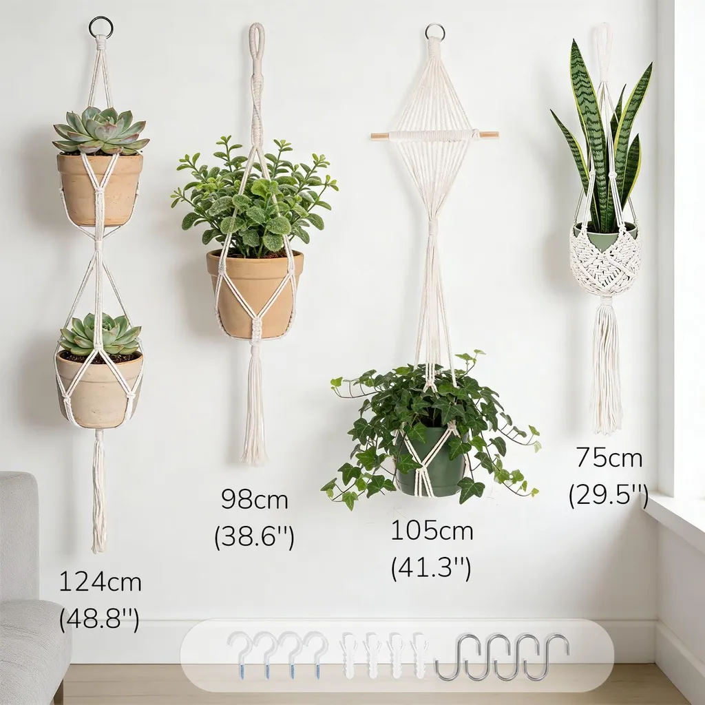 Lot de 4 Suspensions Macramé en Coton avec Crochets pour Pots de Fleurs