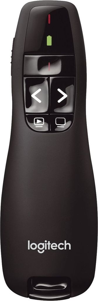 A black Logitech wireless presenter is shown against a white background.