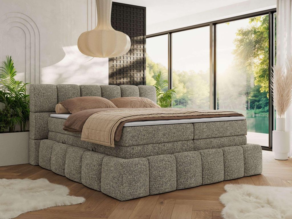 MKS MEBLE Boxspringbett 200 x 200 mit bettkasten NIRA KING, Polsterbett 7 Zonen Multipocket-Matratze und Topper, Doppelbett - Grau Strukture - H4