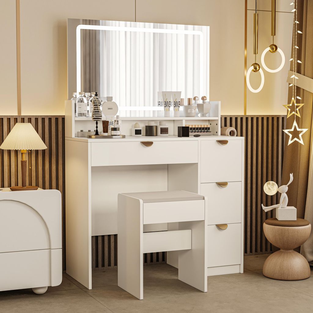 Fortuna Lai Schminktisch mit Spiegel, Eck Frisiertisch mit LED Beleuchtung Verstellbarer Helligkeit und hocker, Kosmetiktisch mit 4 Schubladen, Ste...