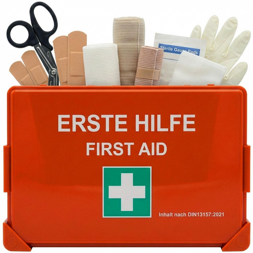 Floordirekt Verbandskoffer DIN 13157:2021 Erste-Hilfe-Koffer mit Wandhalterung robust inkl. ISO 7010 Aufkleber Set für Betrieb Büro Zuhause