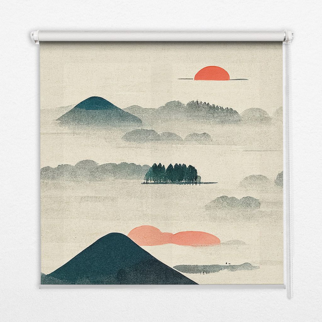 Seitenzug-Rollo Fensterrollo Jalousie - Thermo-Rollo Verdunkelungsrollo - 100x100 cm - Gemalte Berge