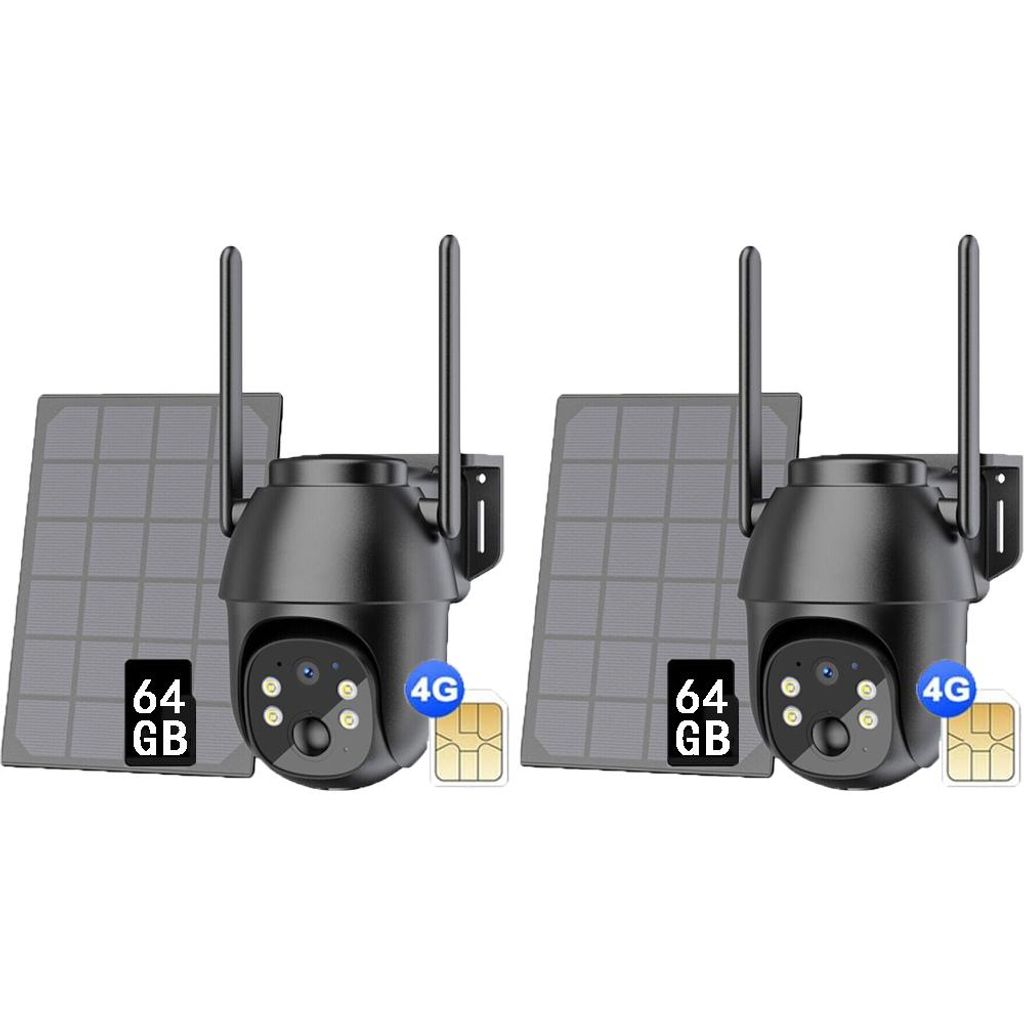 2 Stück 4G LTE Überwachungskamera Außen Akku 8400mAh mit Solarpanel und PTZ, IP Kamera Outdoor mit Farbnachtsicht, 64GB