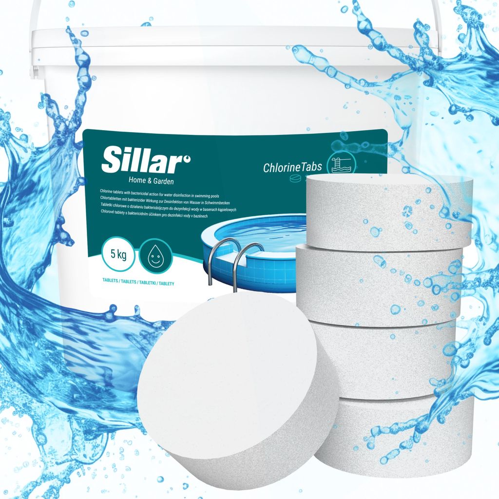 A bucket of chlorine tablets for a swimming pool, with several tablets stacked next to it, and water splashes around the image.