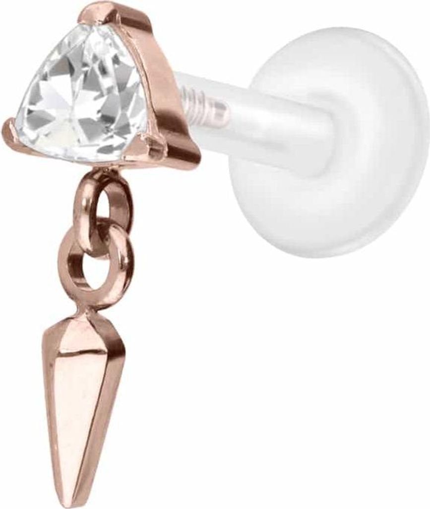 Ohrpiercing, Nasenpiercing PTFE Labret mit Innengewinde + Titan-Aufsatz KRISTALLDREIECK + SPITZE RoséGold Stablänge: 6mm | Stabstärke: 1,2mm