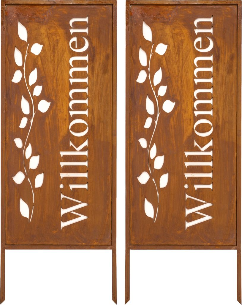Sichtschutz Metall 2x - 100 cm x 40 cm - Willkommensschild Willkommen - Edelrost - Rostoptik Sichtschutz für Garten - Sichtschutzelement - Sichtsc...