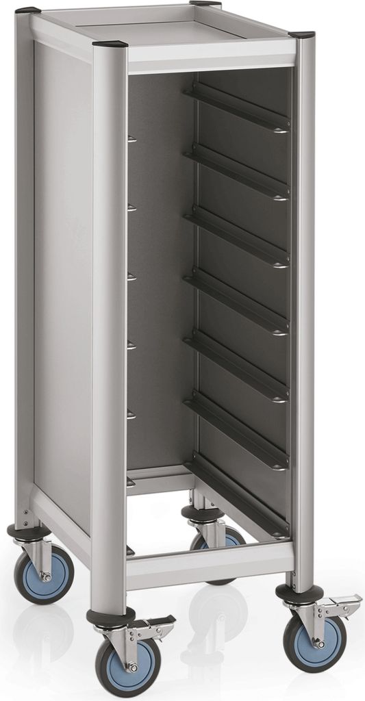 WAS Germany GN Tablettwagen 1/1 für 7 Tabletts, Alu, MDF, Trolley Mensa