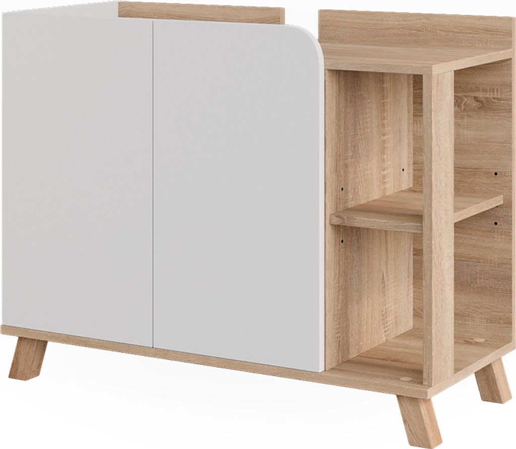 A product shot of a white and wood cabinet with shelves.