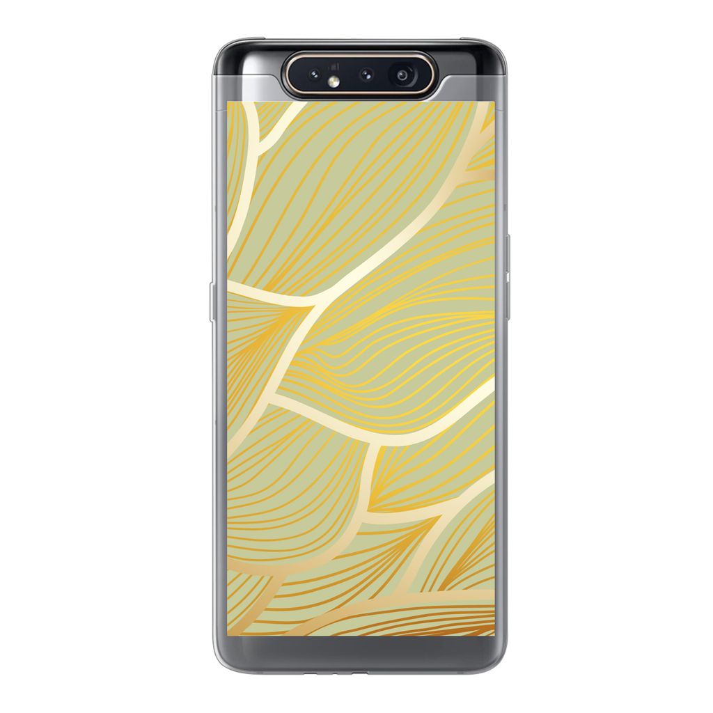 MuchoWow Handyhülle Schutzhülle Hülle für Samsung Galaxy A80 Goldene Wellen auf grünem Hintergrund Silikon Softcase Handy Hülle - Schutzdeckel