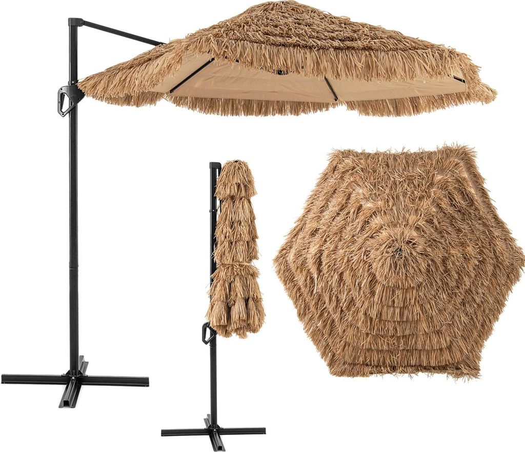 KOMFOTTEU Φ283 cm Sonnenschirm Hawaii, Strandschirm mit Handkurbel & Kreuzfuß, Ampelschirm exotischer aus PP-Stroh, Strohschirm groß für Garten...