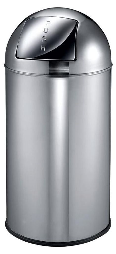 A stainless steel trash can with a push-button lid.