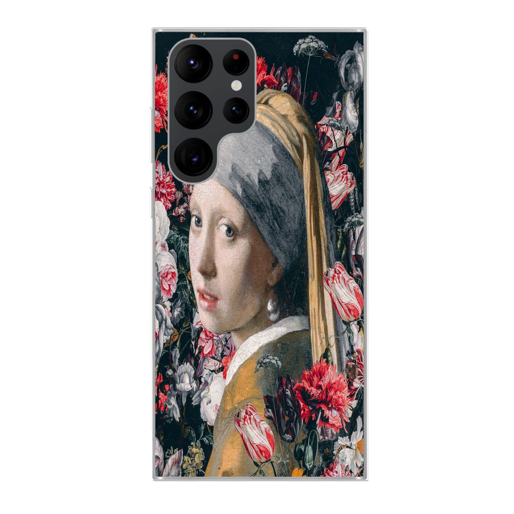 MuchoWow Handyhülle Schutzhülle Hülle für Samsung Galaxy S22 Ultra Das Mädchen mit dem Perlenohrring - Blumen - Vermeer Silikon Softcase Han...