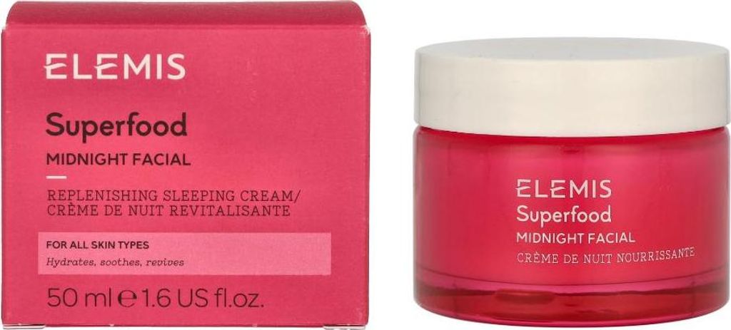 A box and a jar of Elemis Superfood Midnight Facial cream are shown side-by-side against a white background.