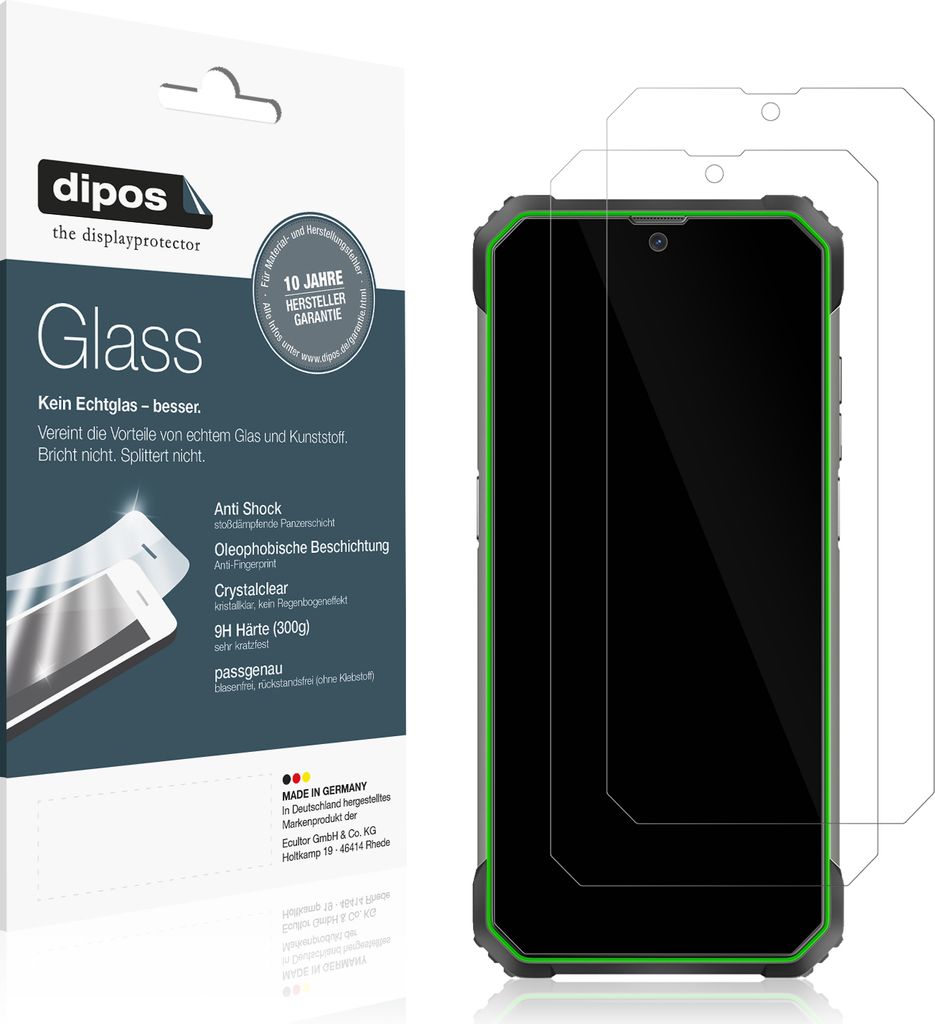 A product package for screen protectors next to a smartphone with screen protectors applied.