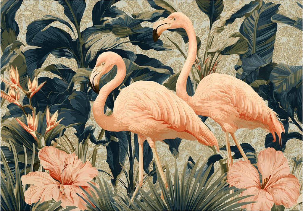 Fototapete Flamingo Blätter Blumen - 250x175 cm - Vliestapete Wohnzimmer Schlafzimmer - Vlies Fototapete Grün - 15942VX5
