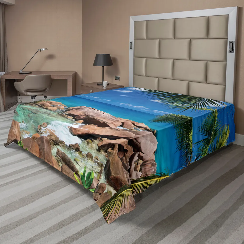 Drap de dessus décoratif turquoise motif exotique en tissu microfibre