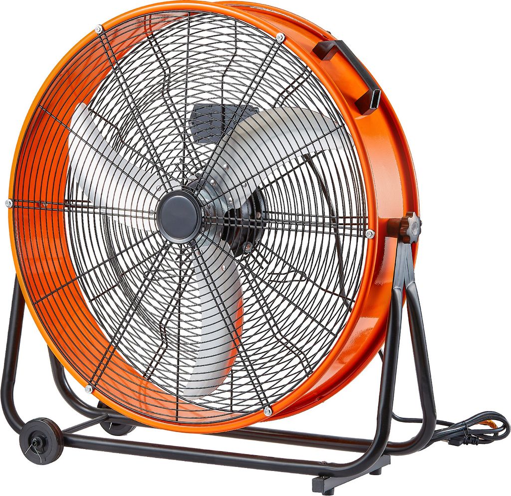 An orange and black industrial drum fan is shown on a white background.