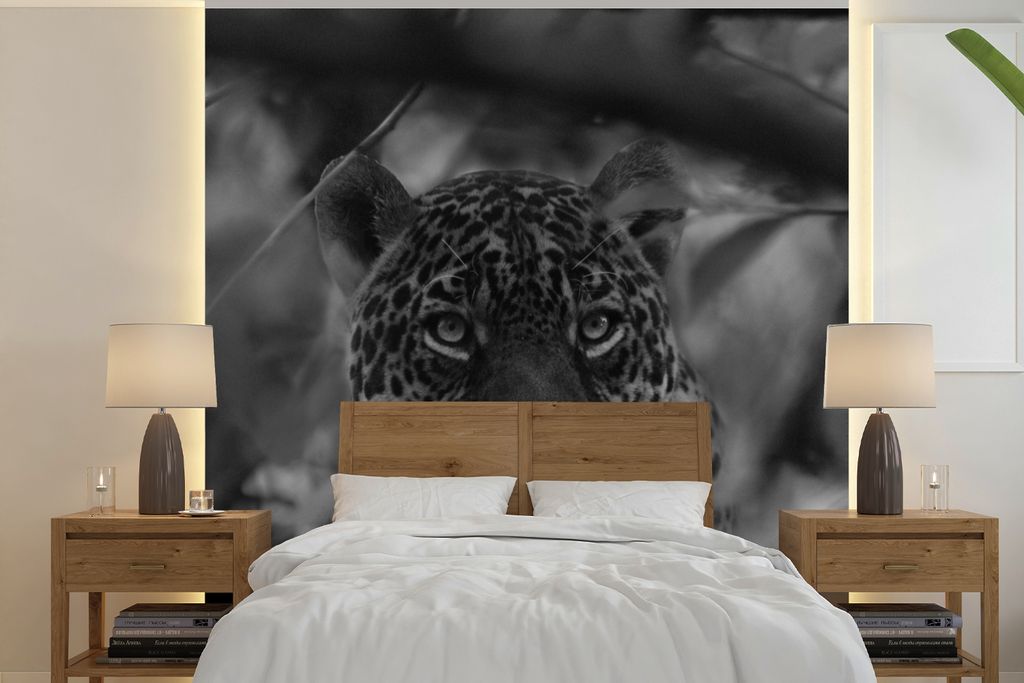 MuchoWow Fototapete für Wohnzimmer oder Schlafzimmer Wandtapete Vinyl Motivtapete Bolivien - Jaguar - Schwarz - Weiß - 280x280 cm - Hintergrund...