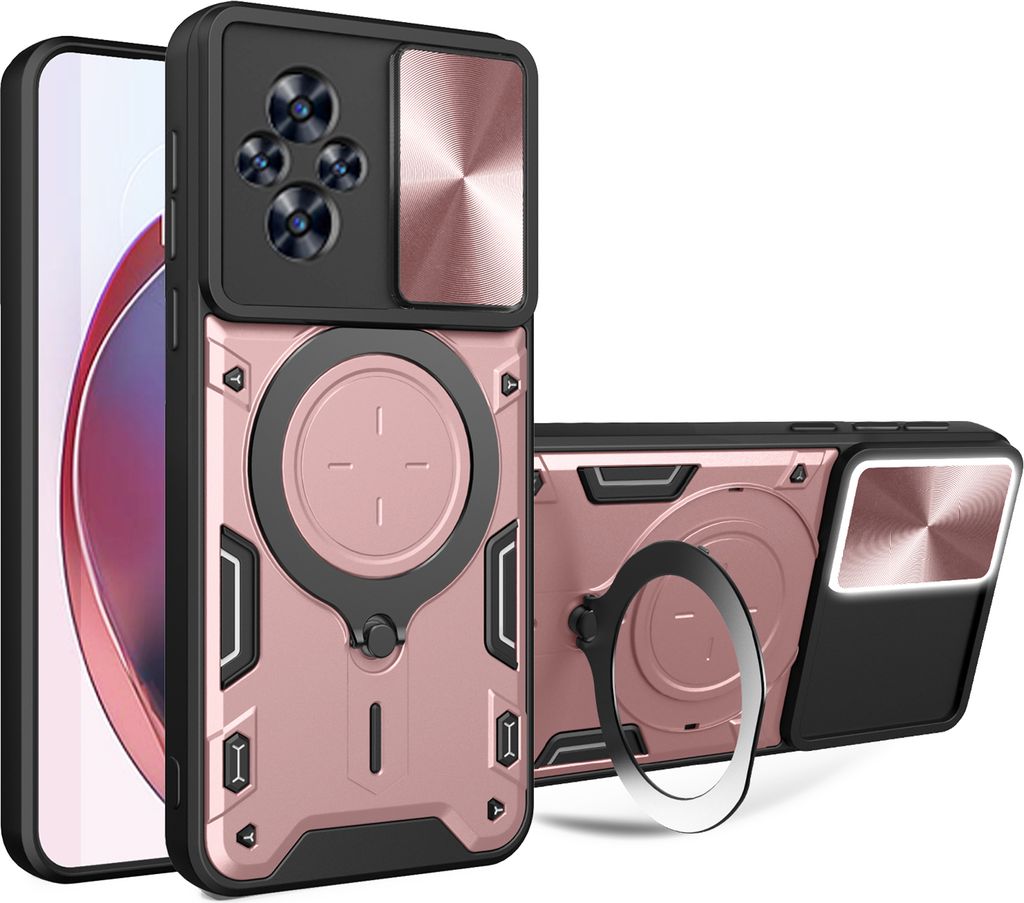 Handyhülle für Realme C67 4G Dual-Layer Stoßfest Rüstung Hülle mit Dia Kameraschutz und Kreisförmig Ring Ständer Roségold