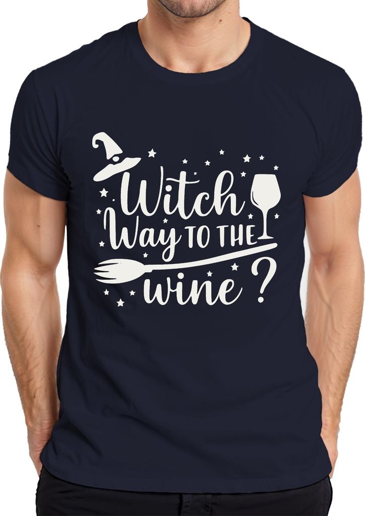 Witch way to the wine Lustiger Halloween Hexe Geschenk Weinliebhaber Herren T-Shirt, Navy, L