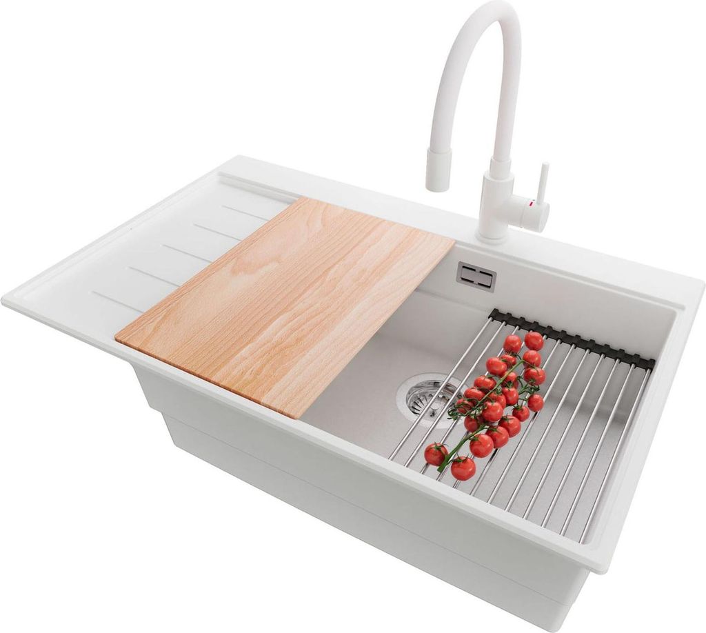 PRIMAGRAN Granitspüle Weiß 78x50cm, Spülbecken 1 Becken + Küchenarmatur 38x14cm + Ablauf-Set + Küchenzubehörset, Küchenspüle ab 60er Unters...