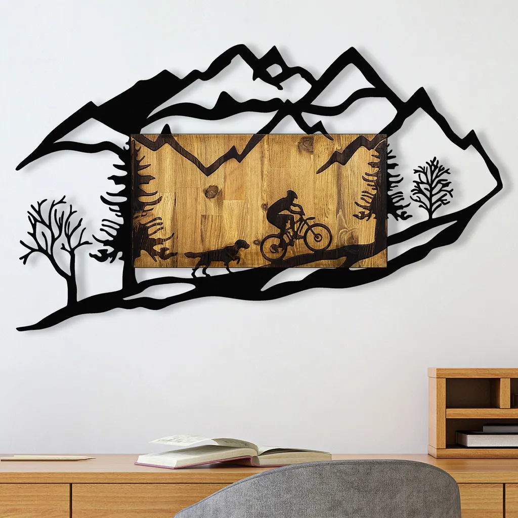 Décoration Murale Design en Métal et Bois de Noyer - Tableau Vélo 110x65cm