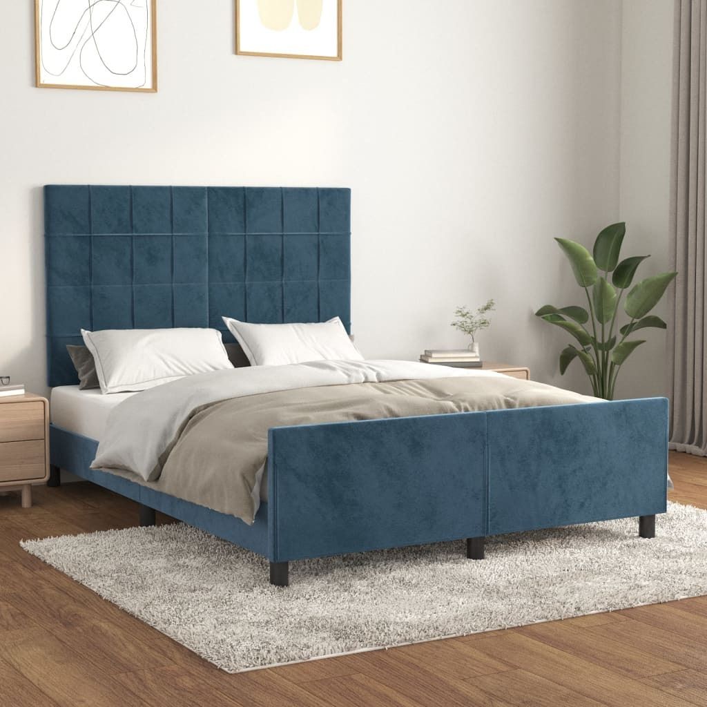 The Living Store Bettgestell mit Kopfteil Dunkelblau 140x190 cm Samt