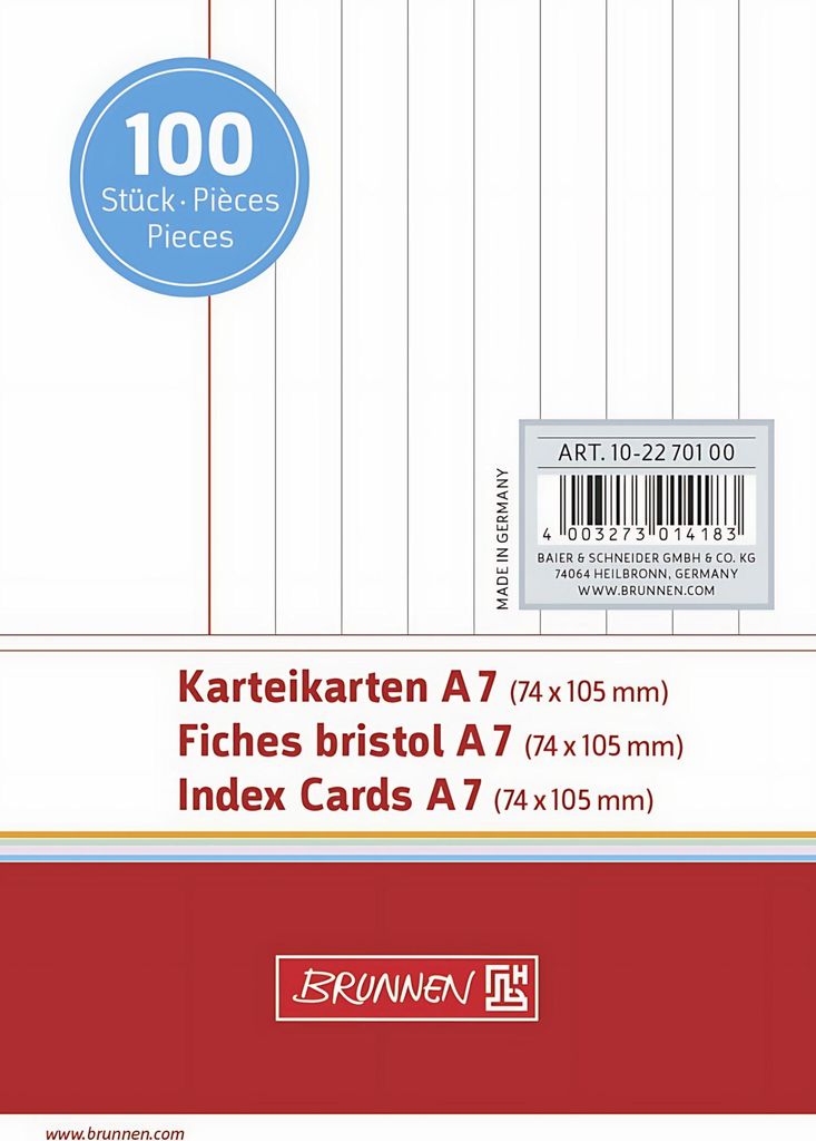 The image shows the packaging of index cards, with product details and branding.