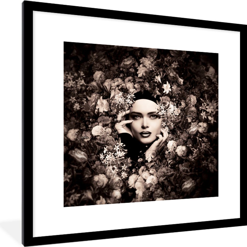 MuchoWow Gerahmtes Poster Frau - Blumen - Botanisch - Natur 40x40 cm - Poster mit Schwarzem Bilderrahmen Wandposter Rahmen Foto Bilder - Poster -...