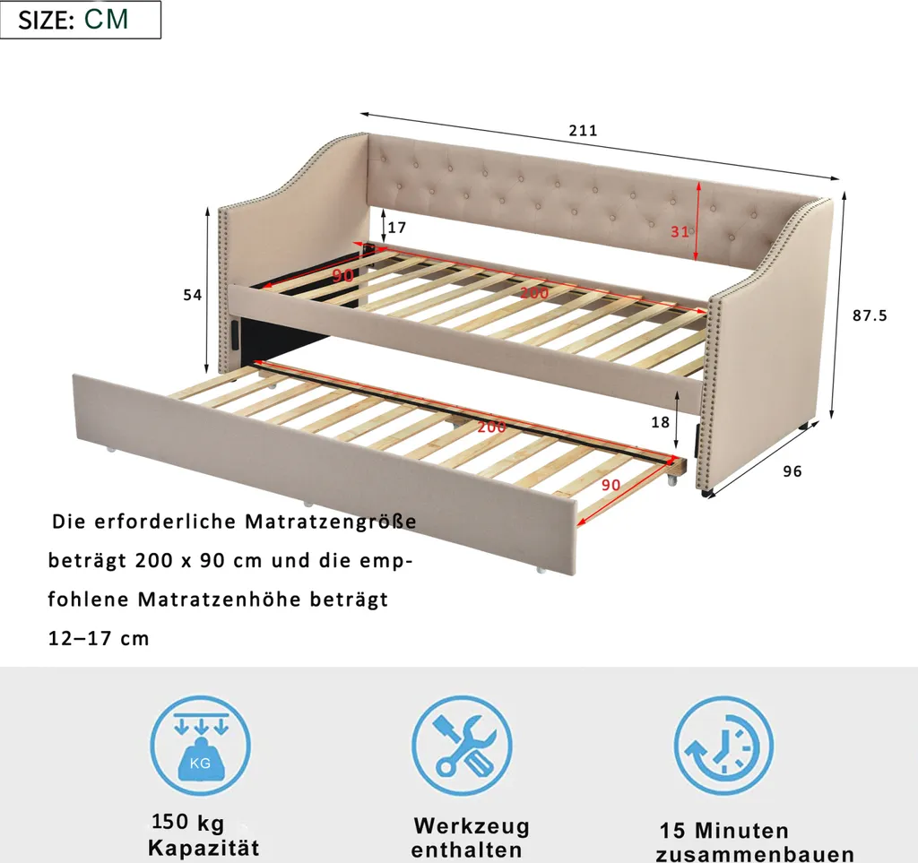 Lit d'enfant 90x200 cm en lin beige extensible avec sommier robuste