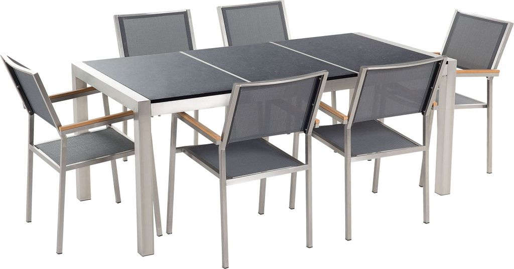BELIANI Gartenmöbel Set Schwarz Grau Granit Edelstahl Tisch 180 cm Poliert 6 Stühle Terrasse Outdoor Modern