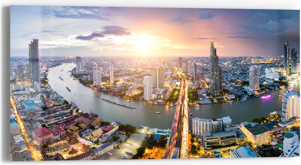 DEQORI Glasbild Echtglas 60x30 cm 'Bangkok von oben' Wandbild Bild modern Deko