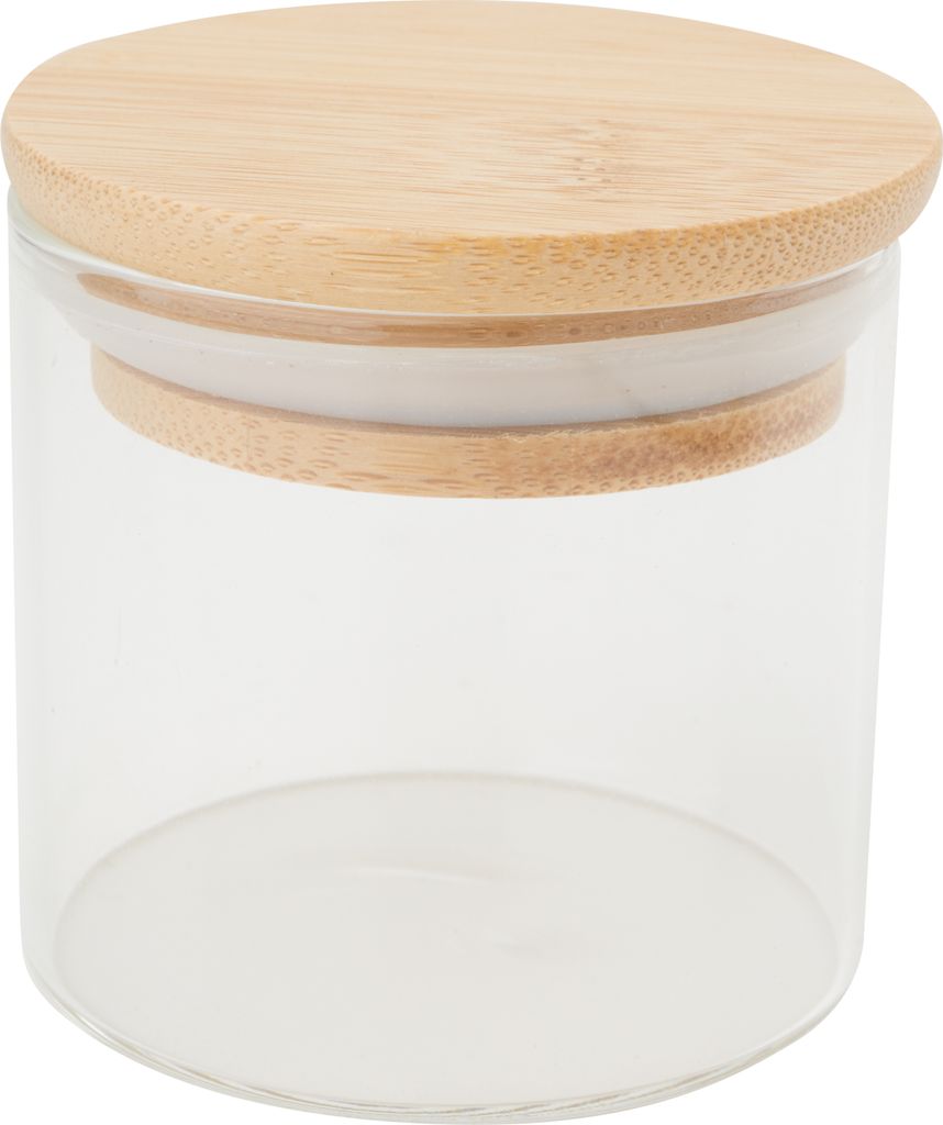 A clear glass jar with a bamboo lid.