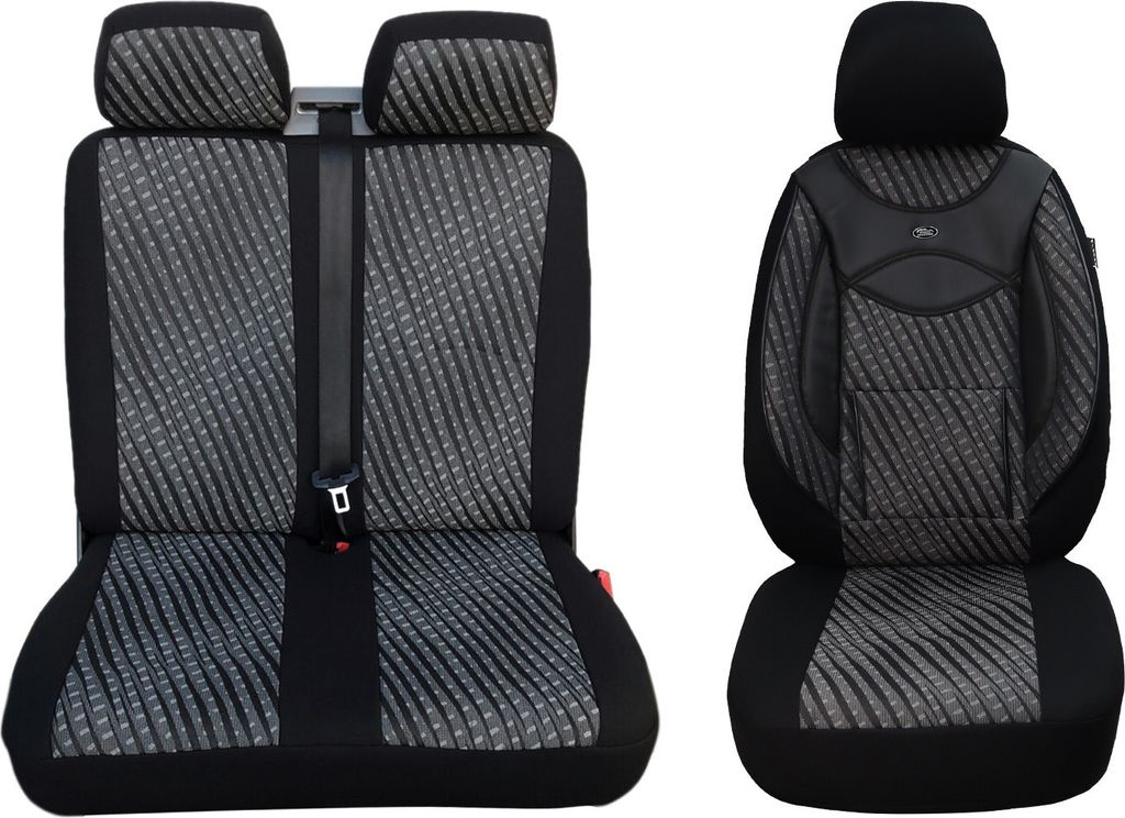 VW Crafter Gen. 1 Bj 2006-16 kompatible Schonbezüge (inkl. Doppelsitzbank) in Schwarz/Grau Muster (115)