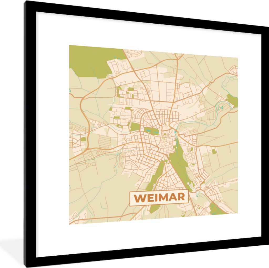 MuchoWow Gerahmtes Poster Weimar - Karte - Vintage - Stadtplan 40x40 cm - Poster mit Schwarzem Bilderrahmen Wandposter Rahmen Foto Bilder - Poste...