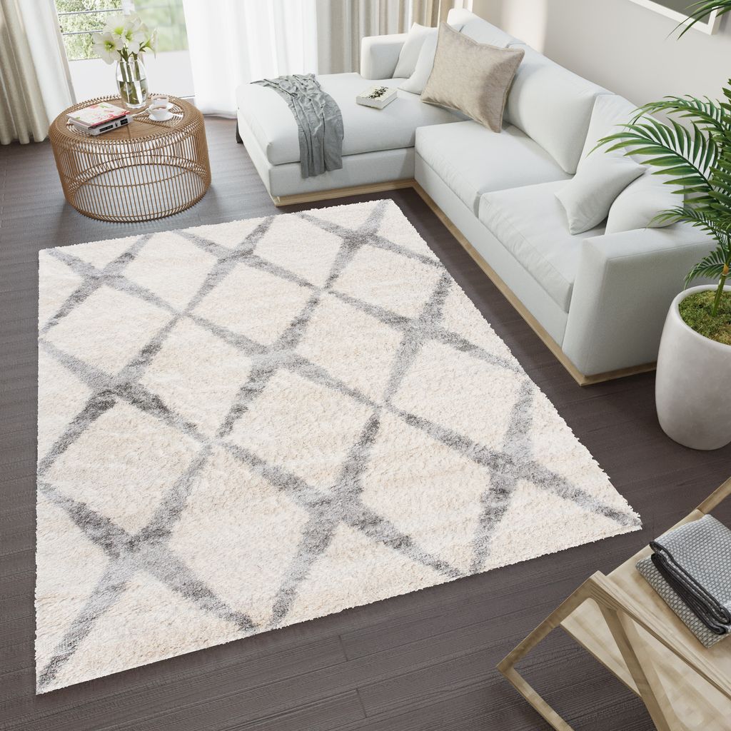 Teppich Wohnzimmer Schlafzimmer Meliert Modern Design Shaggy Hochflor Langflor Creme Grau 120 x 170 cm