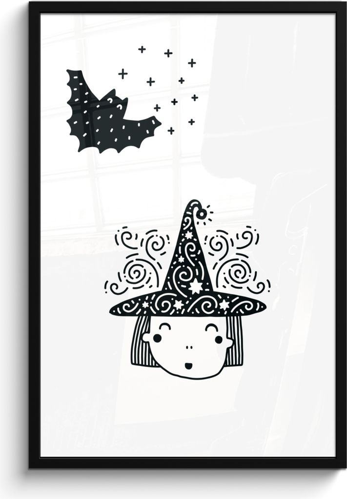 MuchoWow MuchoWow Gerahmtes Poster Hexe - Halloween - Schwarz - Weiß - Jungen - Mädchen - Baby 60x90 cm - Poster mit zchwarzem Bilderrahmen -...