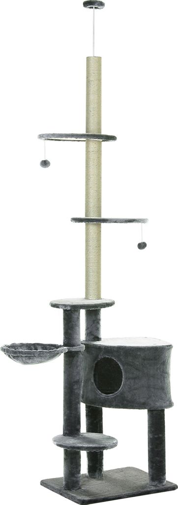 A tall, multi-level cat tree with scratching posts, platforms, a hammock, and a hideaway house, set against a white background.