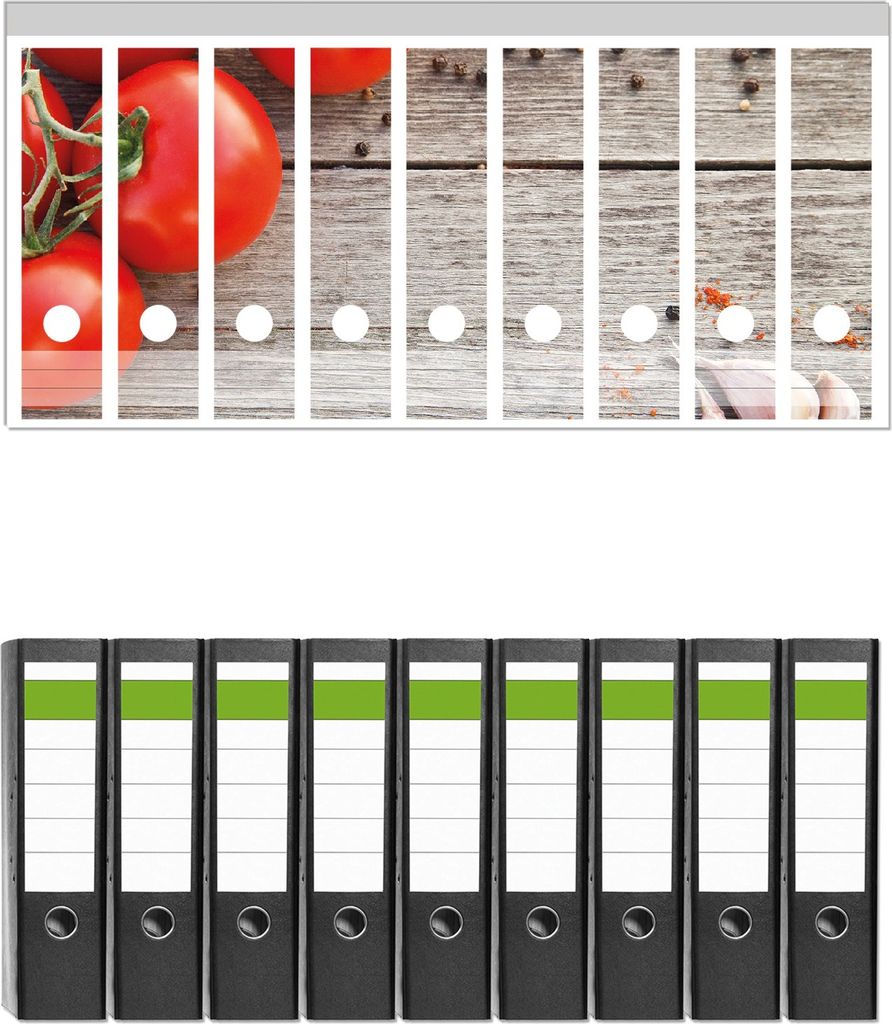 Wallario 9 Stück breite Ordner inkl. Klebeetiketten mit Motive Tomaten und Gewürze auf altem Holztisch - Set mit Rückenschildern / Ordnerrücken...