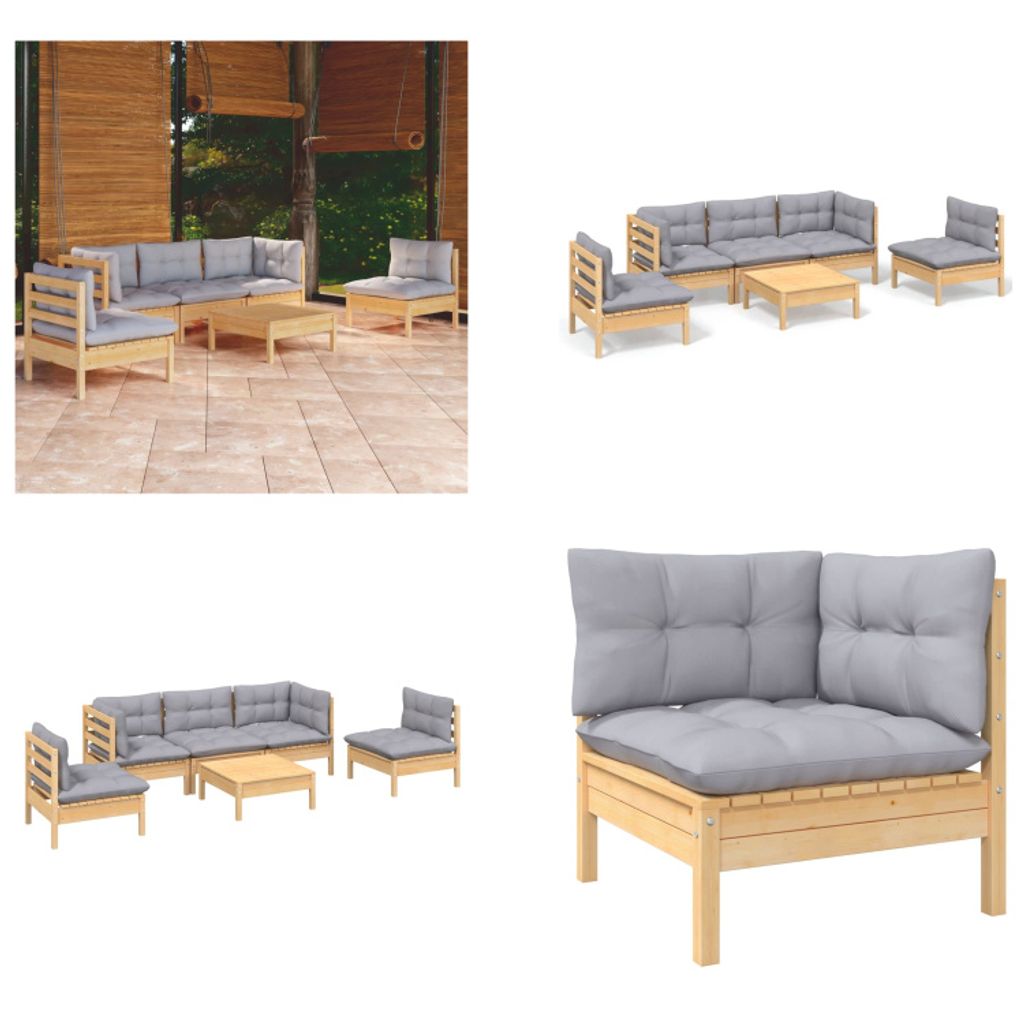vidaXL 6 tlg. Garten Lounge Set mit Grauen Kissen Kiefer Massivholz - Garten-Lounge-Set - Garten-Lounge-Sets - Gartenmöbel-Set - Gartenmöbel-Sets
