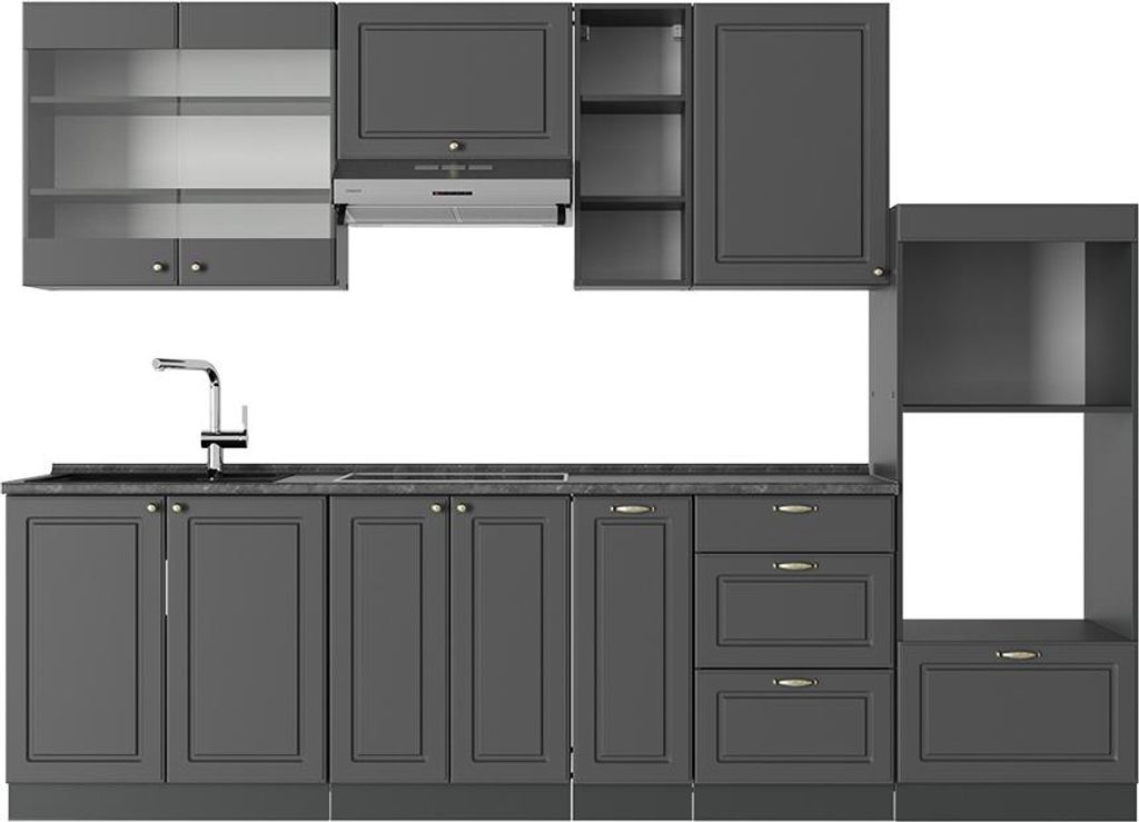 Vicco Küchenzeile Fame-Line, 280 cm , AP Anthrazit, Anthrazit-Gold Landhaus/Anthrazit