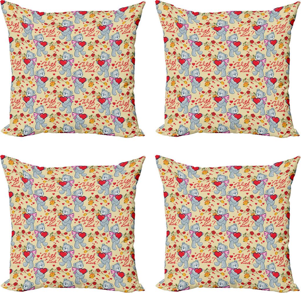 ABAKUHAUS Valentinstag Kissenbezug Set (4 Stück), Bären-Herzen, Moderner Doppelseitiger Digitaldruck, 50 cm x 50 cm, Mehrfarbig
