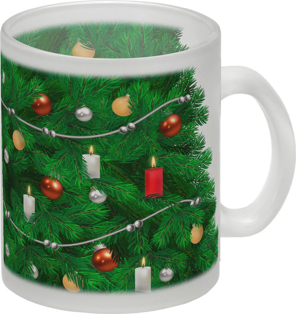 Glas Tasse mit fotorealistischem Weihnachtsbaum Motiv