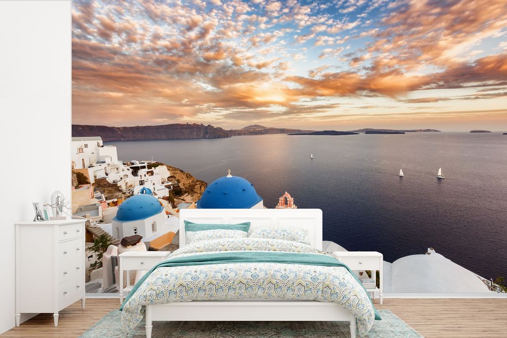 MuchoWow Fototapete für Wohnzimmer oder Schlafzimmer Wandtapete Vinyl Motivtapete Sonnenaufgang über dem Wasser in Oia Griechenland - 600x400 c...