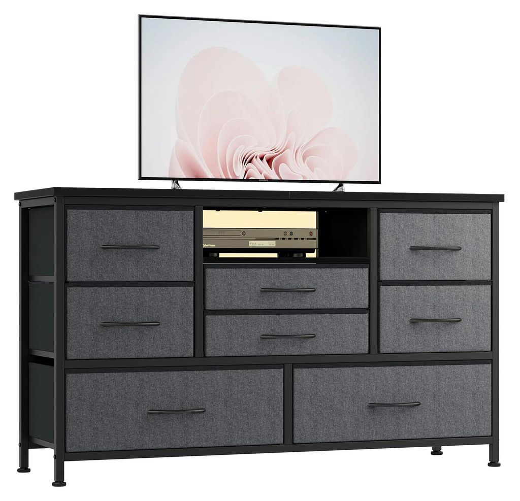Sideboard mit 8 Schubladen - TV Lowboard 121 cm - LED Beleuchtung - 2 USB & 3 Steckdosen - Metallgestell - Für Fernseher bis 127 cm - Grau