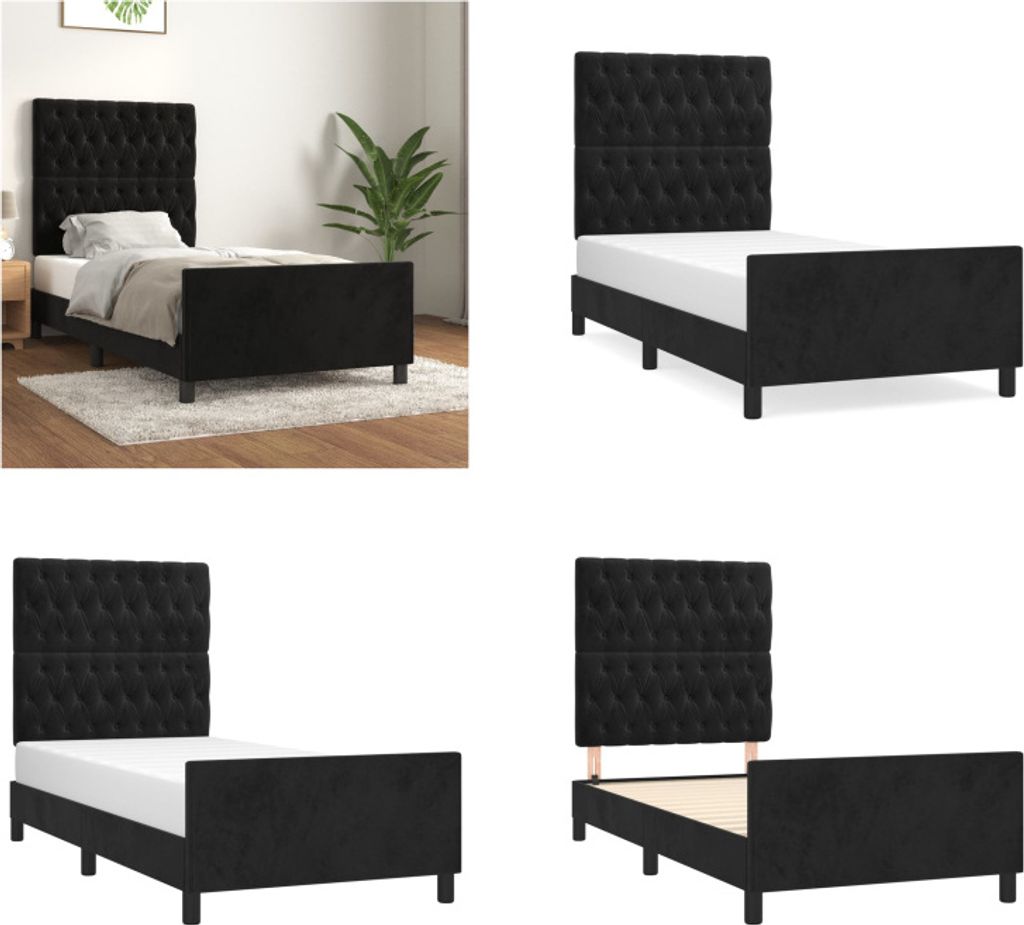 The Living Store Bettgestell mit Kopfteil Schwarz 90x200 cm Samt
