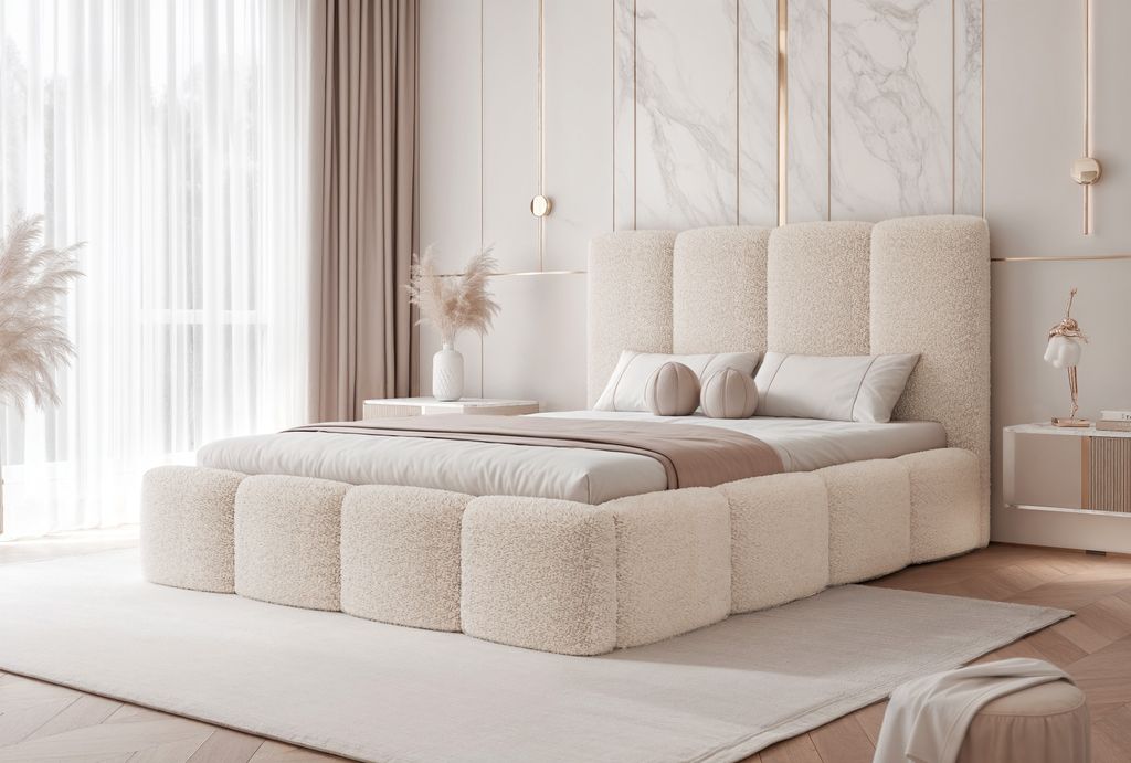 FURMEB24 Polsterbett MARO - 140 x 200 cm - CREME teddystoff - mit bettkasten und schlaffunktion