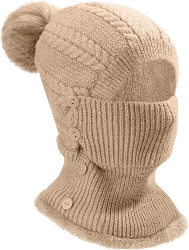 Bonnet tricot femme kaki avec cache-cou et masque hiver ajustable T1