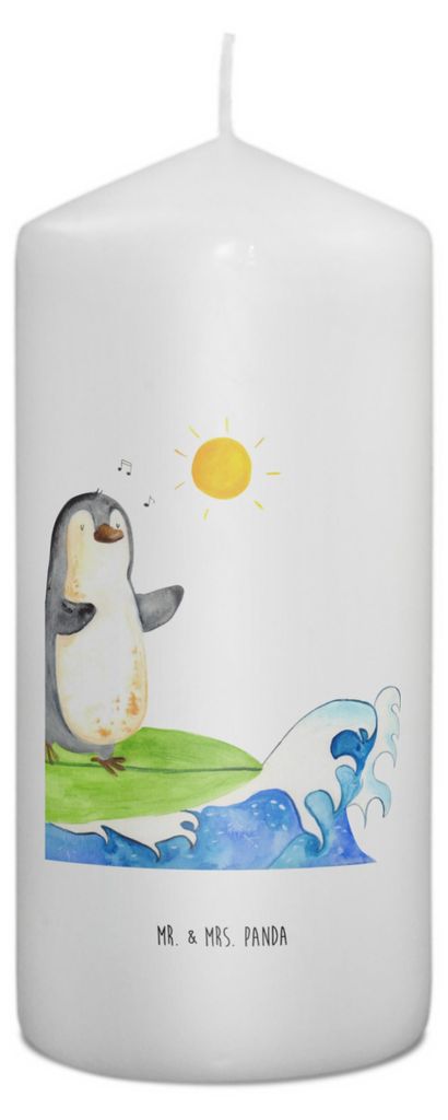 Mr. & Mrs. Panda Kerze Pinguin Surfer 15 x 7 cm - Weiß - Geschenk, Wachskerze, Urlaub, Hawaii, Motiviert, Wellen, Zylinderkerze, Erinnerungskerze,...